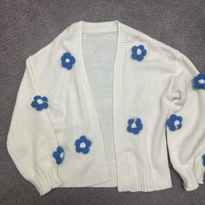 Floral Knit Women's Sweater - White with Blue Accents